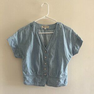 Madewell Women's Denim Pleated Short Sleeve Top, size M